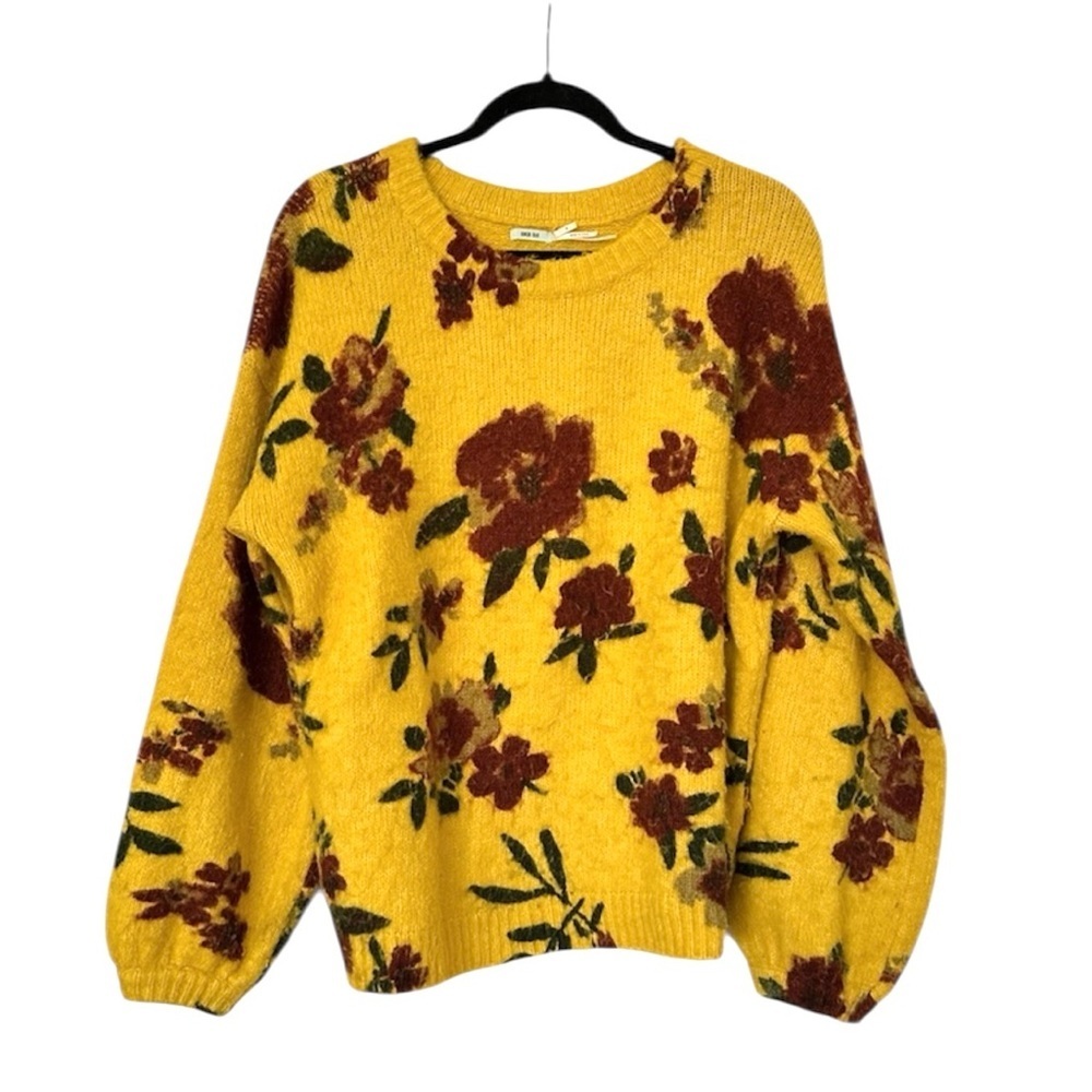 Kimchi Blue Floral Balloon Sleeve Sweater Womens Small Yellow Red